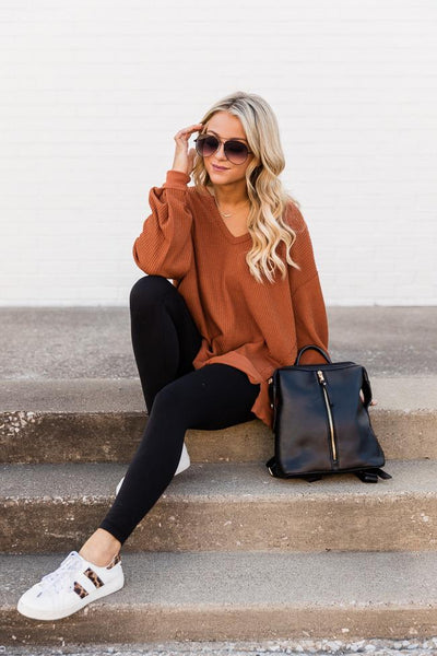 Since You've Been Gone Rust Waffle Knit V-Neck Sweater