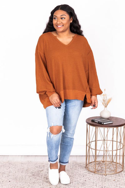 Since You've Been Gone Rust Waffle Knit V-Neck Sweater