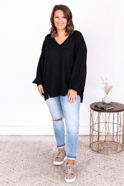 Since You've Been Gone Black Waffle Knit V-Neck Sweater