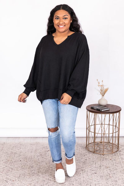 Since You've Been Gone Black Waffle Knit V-Neck Sweater