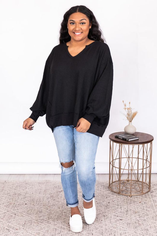 Since You've Been Gone Black Waffle Knit V-Neck Sweater