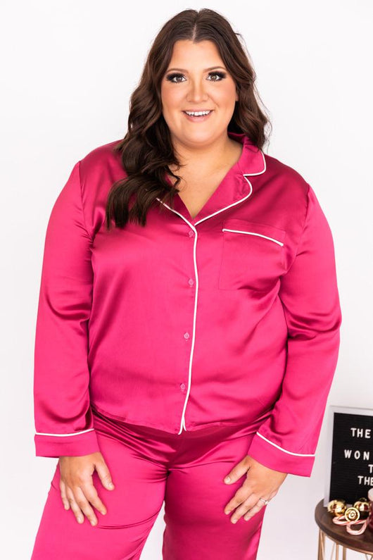 Short Story Berry Satin Button Front Lounge Top