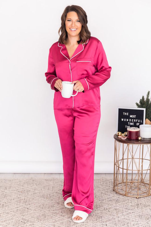 Short Story Berry Satin Button Front Lounge Top