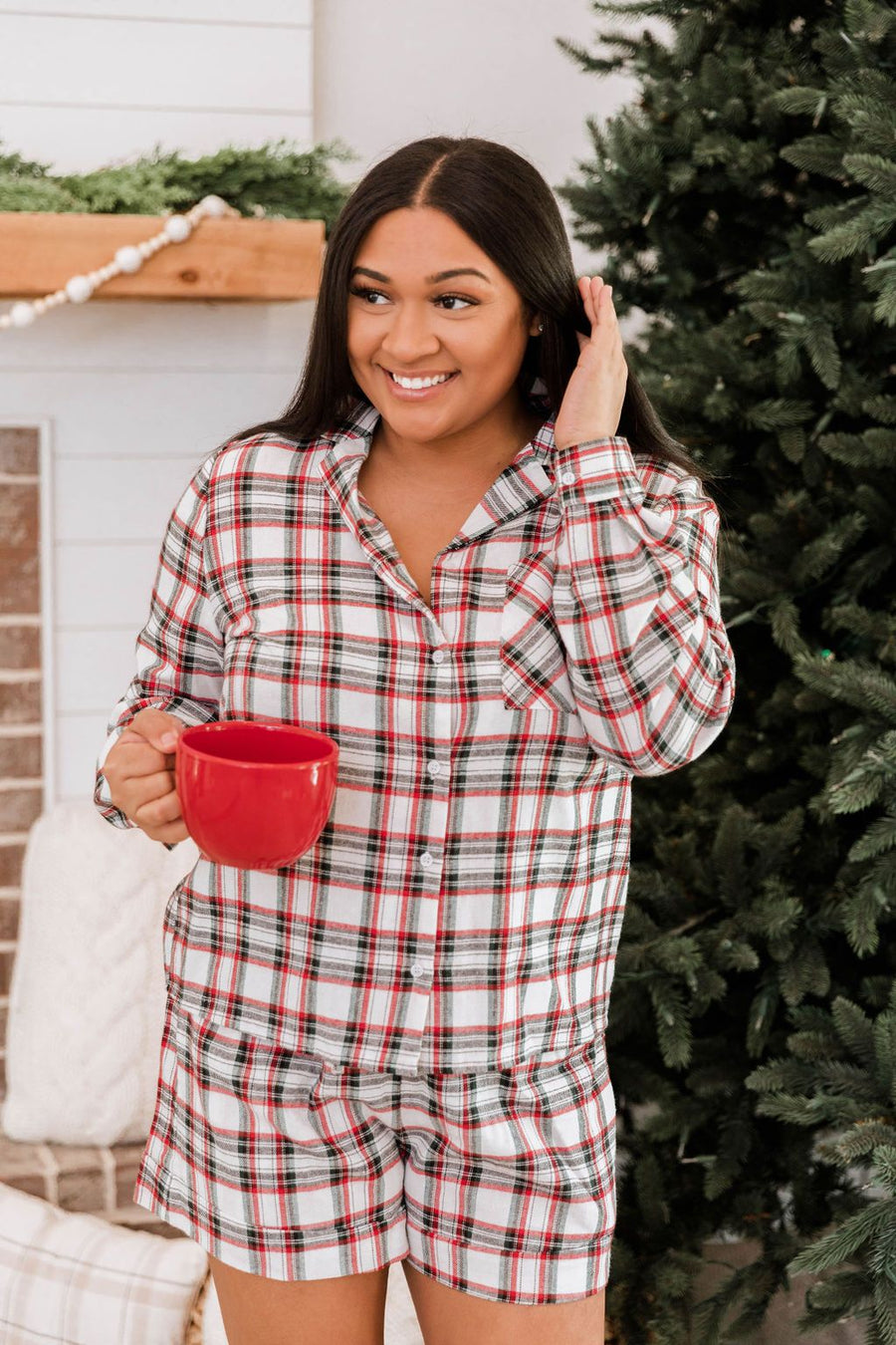 Midnight Miracles Ivory Button Front Plaid Lounge Top