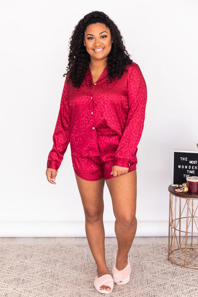 Into The Dark Red Satin Animal Print Lounge Top