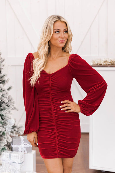 Call It A Night Red Velvet Ruched Dress