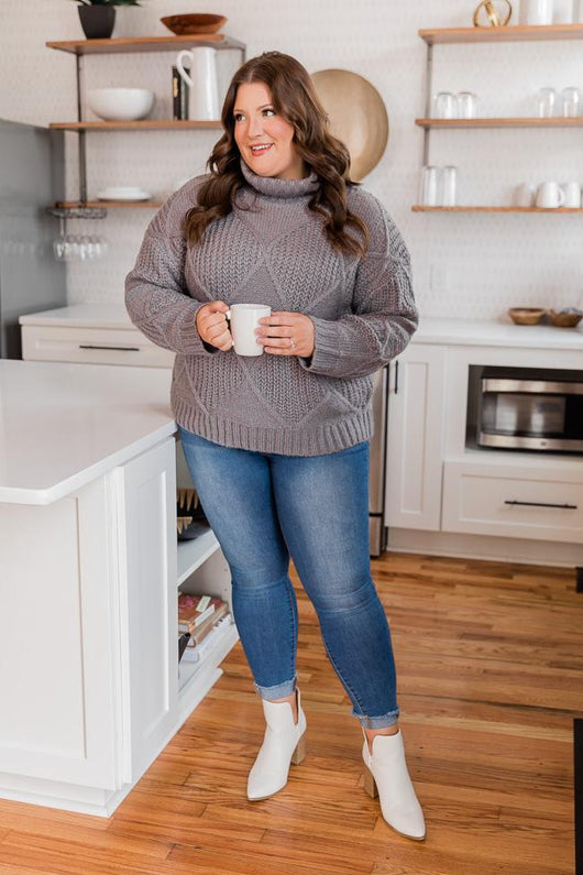 Make The Trip Grey Diamond Textured Turtleneck Sweater