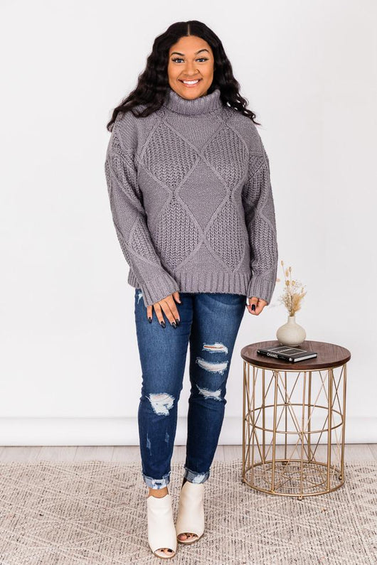 Make The Trip Grey Diamond Textured Turtleneck Sweater