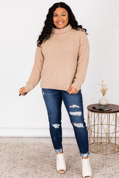 Taking The Lead Beige Fuzzy Turtleneck Sweater