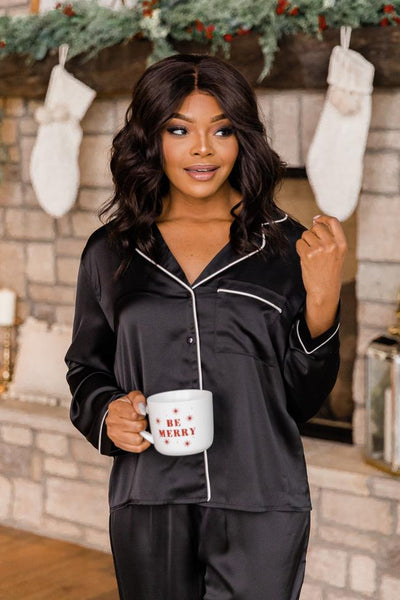 Short Story Black Satin Button Front Lounge Top
