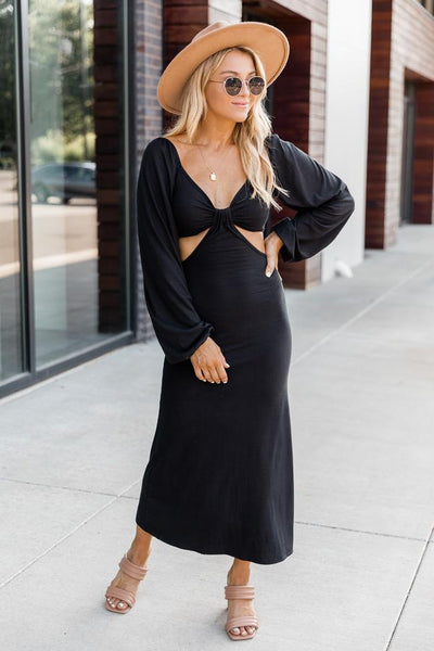 Telling A Story Black Long Sleeve Cutout Dress