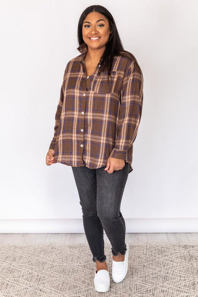 Desert Romance Brown Lightweight Plaid Blouse
