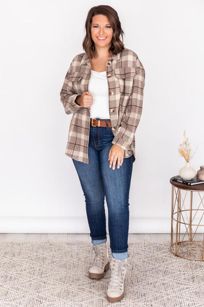 Walk This Direction Mocha Plaid Shacket