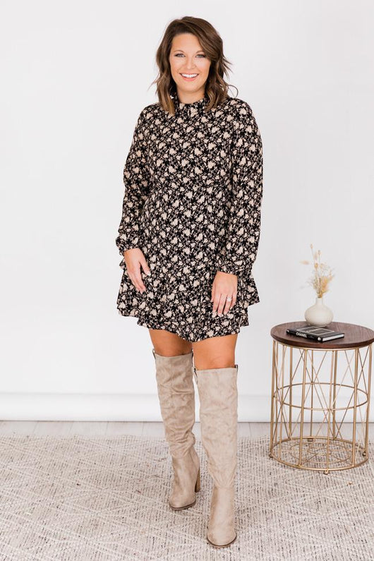 We Have Extra Time Black High Neck Floral Mini Dress