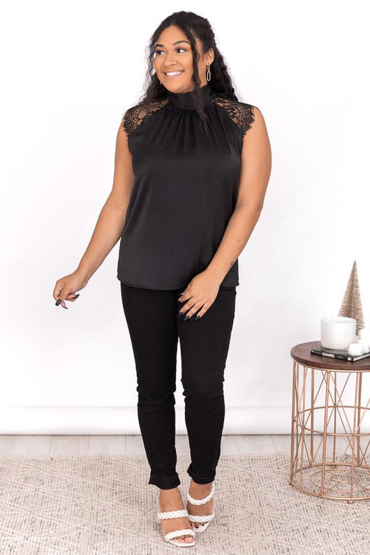 Heard It Before Black Lace Sleeve Mock Neck Blouse