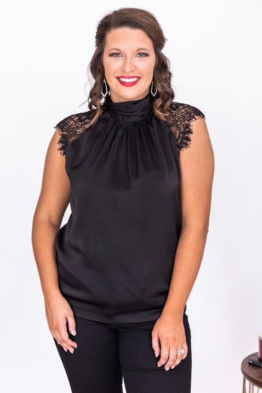 Heard It Before Black Lace Sleeve Mock Neck Blouse