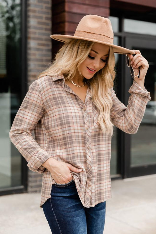 Start The Day Right Beige Plaid Flannel Blouse