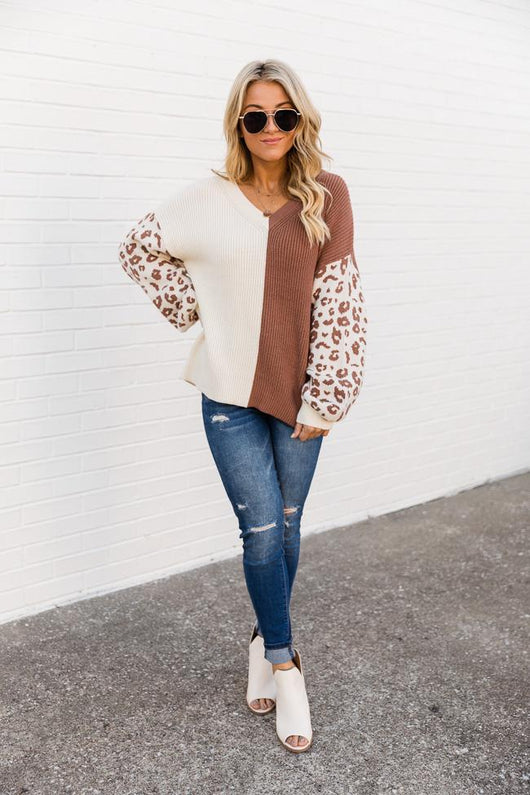 Not Over Yet Brown Colorblock Leopard Sweater
