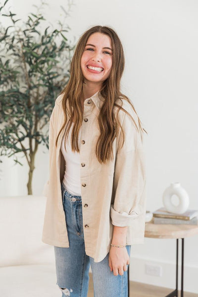 DARYL-ANN DENNER X PINK LILY Madison Jersey Lined Beige Cord Shacket