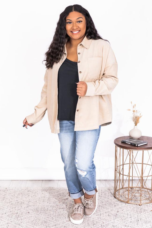 DARYL-ANN DENNER X PINK LILY Madison Jersey Lined Beige Cord Shacket