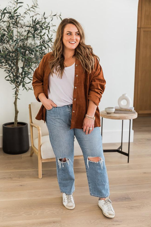DARYL-ANN DENNER X PINK LILY Madison Jersey Lined Rust Cord Shacket