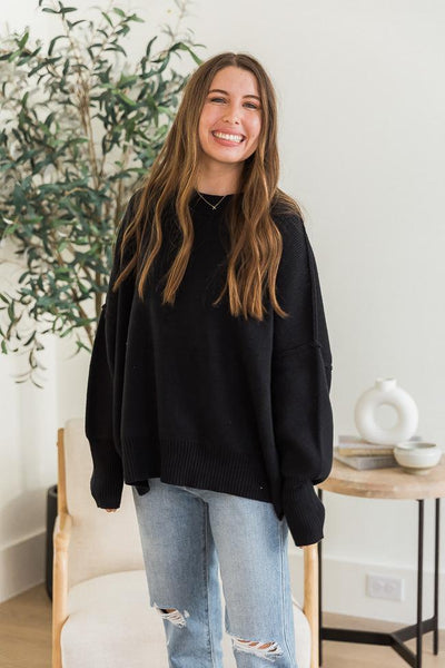DARYL-ANN DENNER X PINK LILY Danielle Black Oversized Crew Neck Sweater