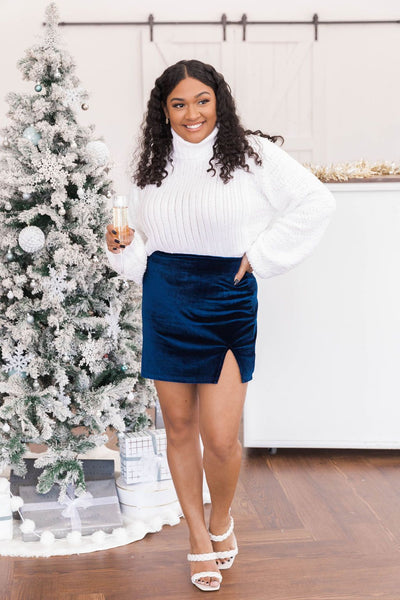 Worthwhile Moments Navy Velvet Side Slit Skirt