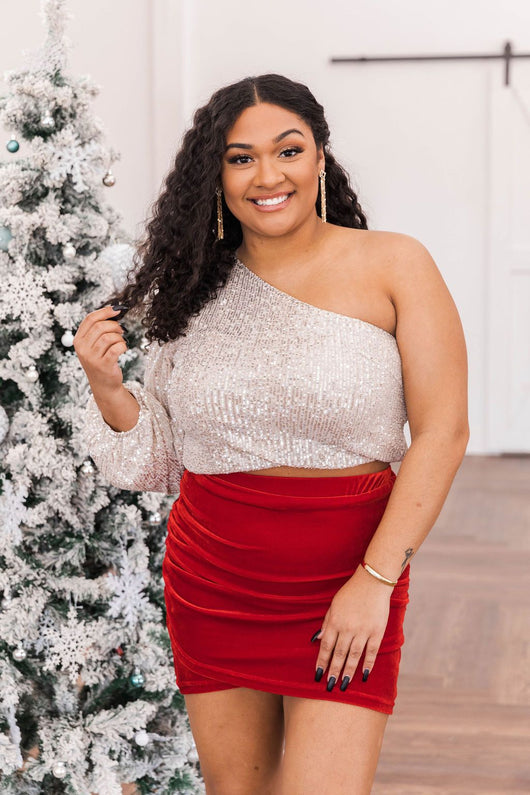 Right Away Gold One Shoulder Sequin Blouse
