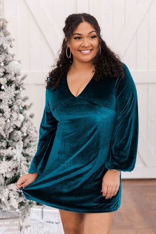 Finding Happiness Teal Velvet V-Neck Dress