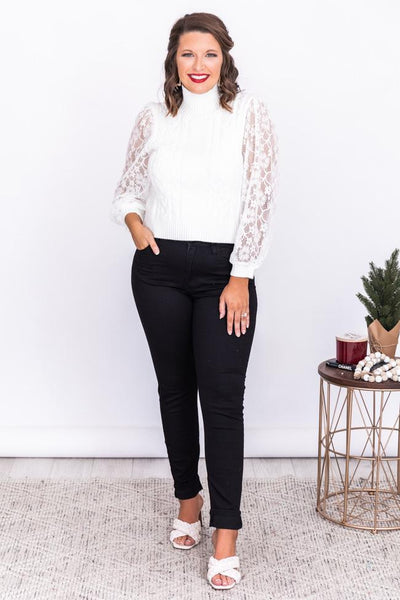 No Big Deal Ivory Lace Sleeve Turtleneck Sweater