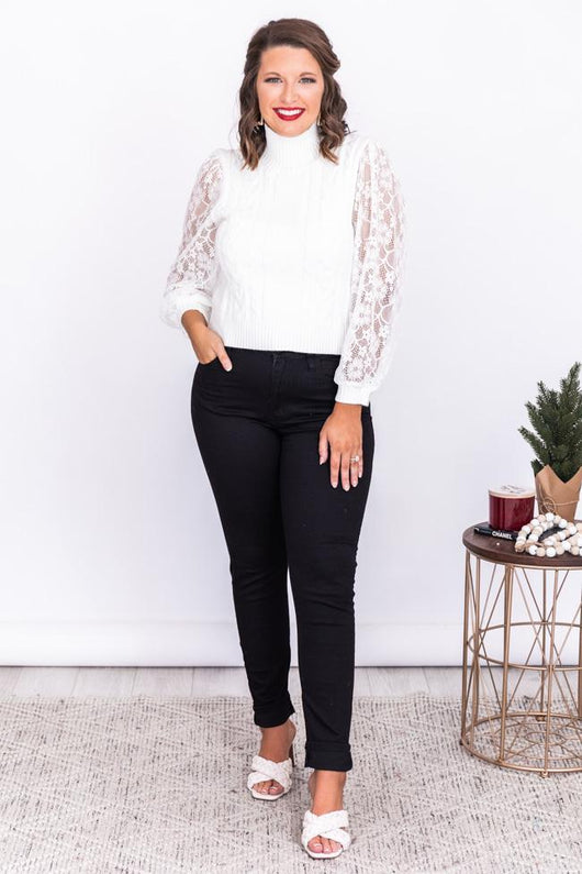 No Big Deal Ivory Lace Sleeve Turtleneck Sweater