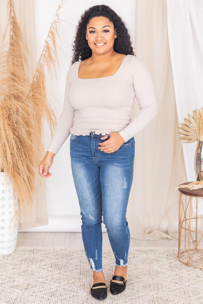 Forgotten Story Mocha Square Neck Cropped Blouse