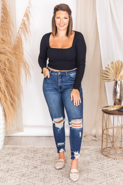 Forgotten Story Black Square Neck Cropped Blouse