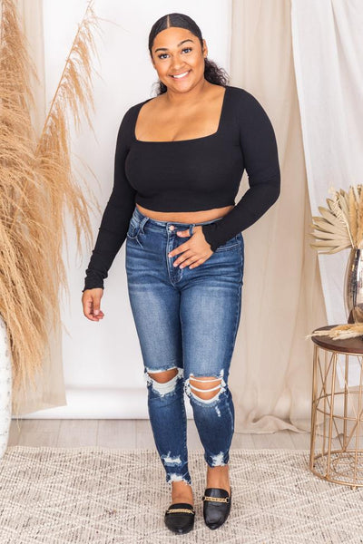 Forgotten Story Black Square Neck Cropped Blouse