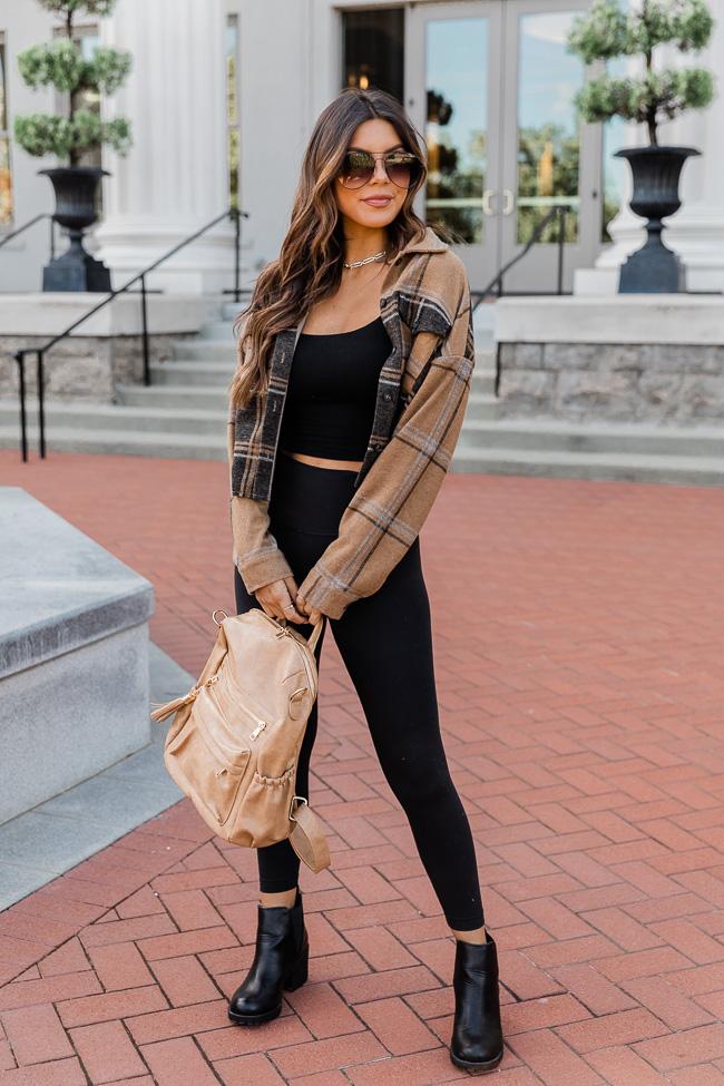 West Of Here Taupe/Brown Cropped Plaid Shacket