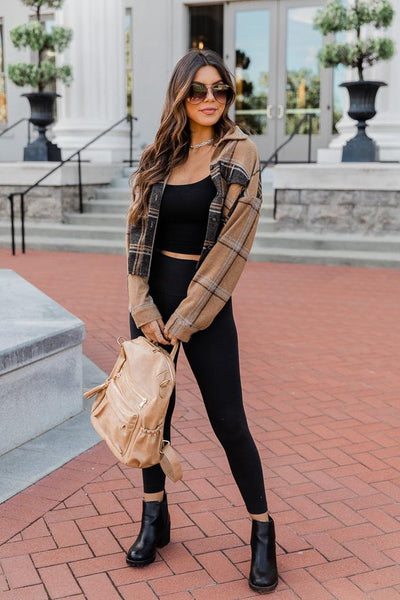 West Of Here Taupe/Brown Cropped Plaid Shacket