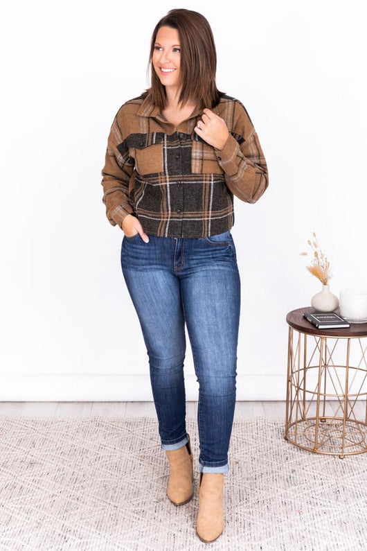 West Of Here Taupe/Brown Cropped Plaid Shacket