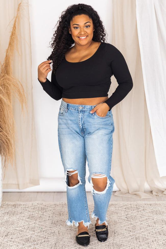 Horizon Views Black Tie Back Ribbed Cropped Blouse