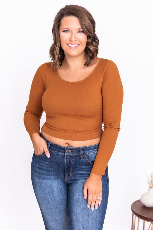 Horizon Views Rust Tie Back Ribbed Cropped Blouse