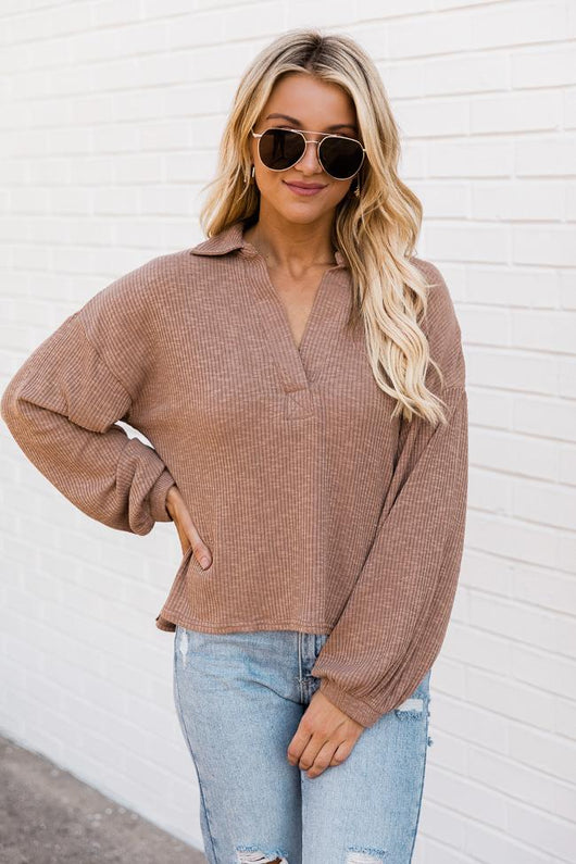 Distant Memory Mocha Ribbed Collared Blouse