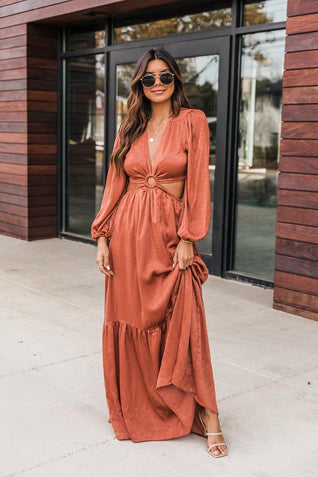 Make An Entrance Rust Satin O-Ring Cut Out Maxi Dress