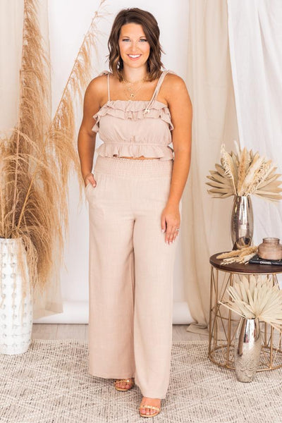 Concentrated Heart Taupe Linen Smocked Waist Pants