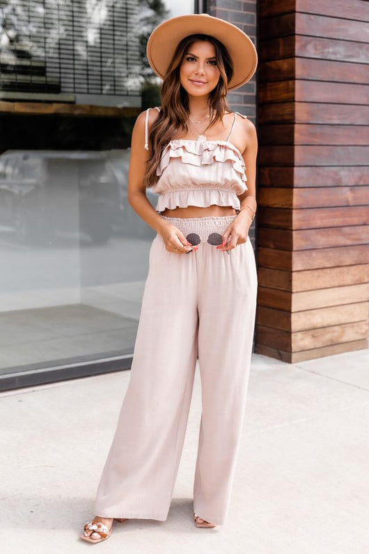 Concentrated Heart Taupe Linen Smocked Waist Pants