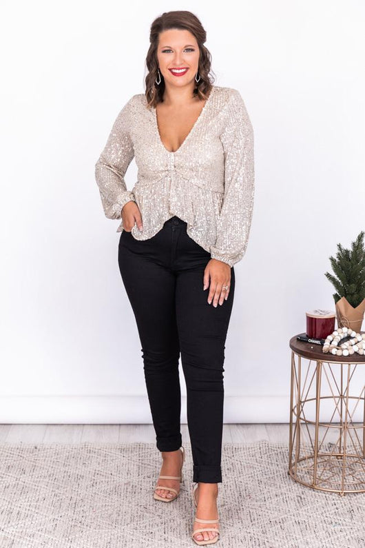 Final Hours Beige Ruffle Sequin Blouse