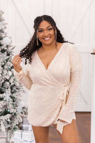 Something To Believe In Champagne Sequin Wrap Romper