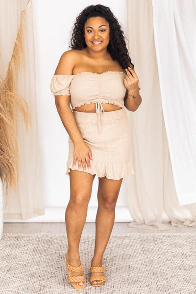 Change The Rules Beige Smocked Ruffle Skirt