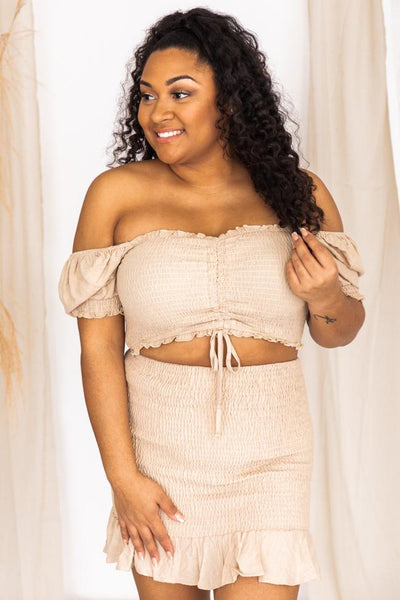 Change The Rules Beige Smocked Off The Shoulder Blouse