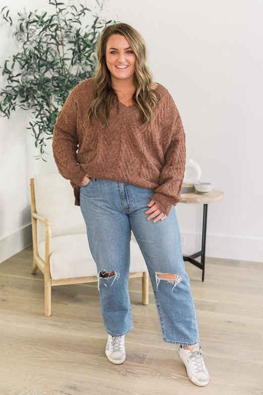 DARYL-ANN DENNER X PINK LILY Elayne Brown Herringbone Textured Sweater