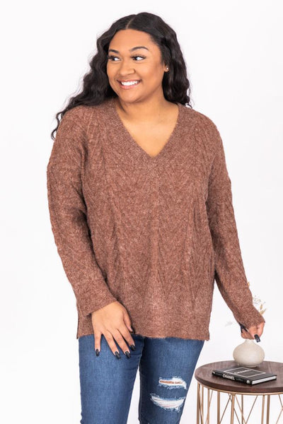 DARYL-ANN DENNER X PINK LILY Elayne Brown Herringbone Textured Sweater