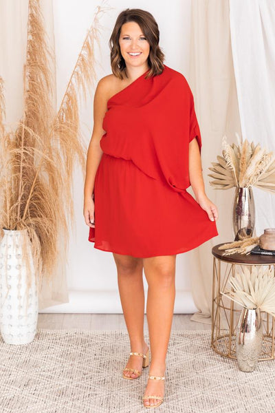 Grand Style Brick One Shoulder Mini Dress